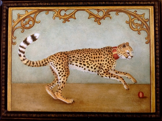 "Portrait of a Cheetah from the French Court" by Marque Todd (oil on panel, 7x5 inches) - TabascoCatArt.com
