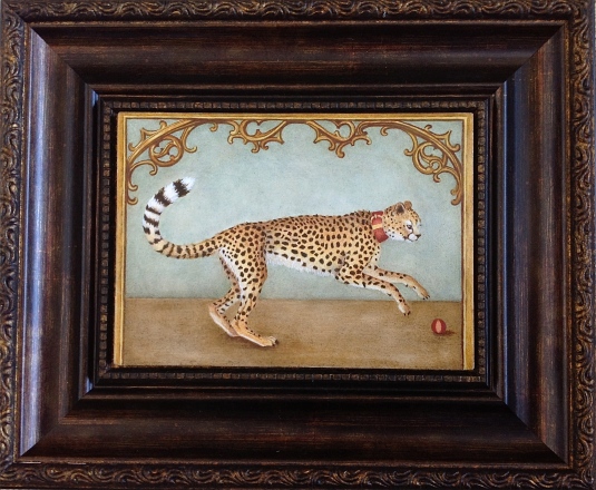 "Portrait of a Cheetah from the French Court" framed by Marque Todd (oil on panel, 7x5 inches) - TabascoCatArt.com